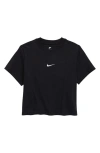 Nike Sportswear Kids' Essential Boxy Embroidered Swoosh T-shirt In Black/white
