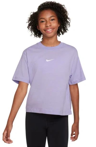 Nike Sportswear Kids' Essential Boxy Embroidered Swoosh T-shirt In Hydrangeas/white