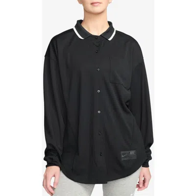 Nike Sportswear Oversize Long Sleeve Jersey Button-up Shirt In Black