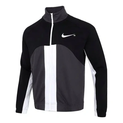 Nike Sportswear Swoosh Contrast Color Stitching Knit Stand Collar Logo Jacket Black