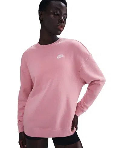 Nike Sportswear Women's Club Fleece Loose Crewneck Sweatshirt In Elemental Pink,htr,white