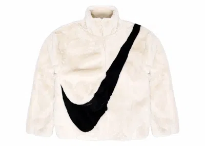 Pre-owned Nike Sportswear Women's Oversized Swoosh Logo Faux Fur Jacket In Fossil/black