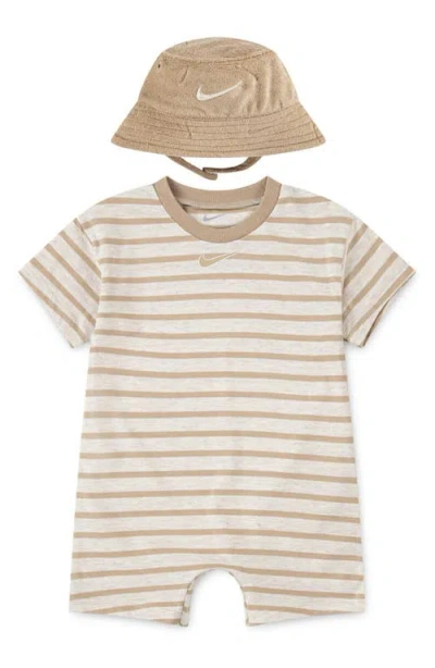 Nike Babies'  Strip Romper & Bucket Hat Set In Pale Ivory Heather