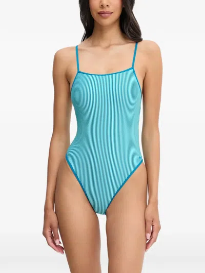 Nike Striped Embroidered Swimsuit In Blue
