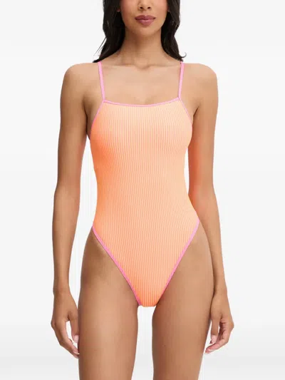 Nike Striped Scoop-neck Swimsuit In Orange