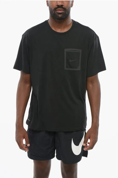 Nike Swim Crewneck T-shirt With Tone-on-tone Print And Pocket In Black