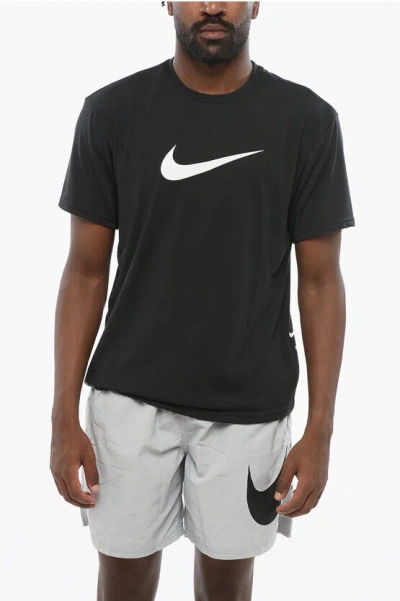 Nike Swim Dri-fit Crewneck T-shirt Hydrogu With Contrast Monogram In Black