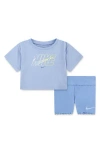 Nike Swoosh Motion Shirt & Bike Shorts Set In Blue Beyond