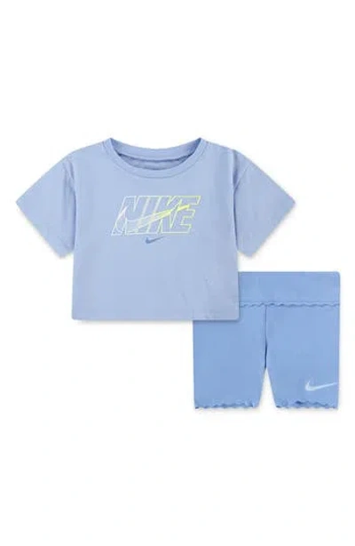 Nike Babies'  Swoosh Motion Shirt & Bike Shorts Set In Blue Beyond