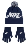 Nike Kids'  Swoosh Pom Beanie & Gloves Set In Blue
