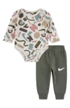 Nike Swoosh Print Bodysuit & Sweatpants Set In Medium Olive