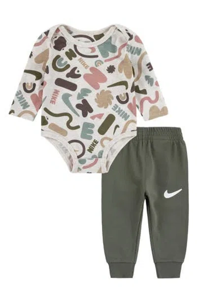 Nike Babies'  Swoosh Print Bodysuit & Sweatpants Set In Medium Olive