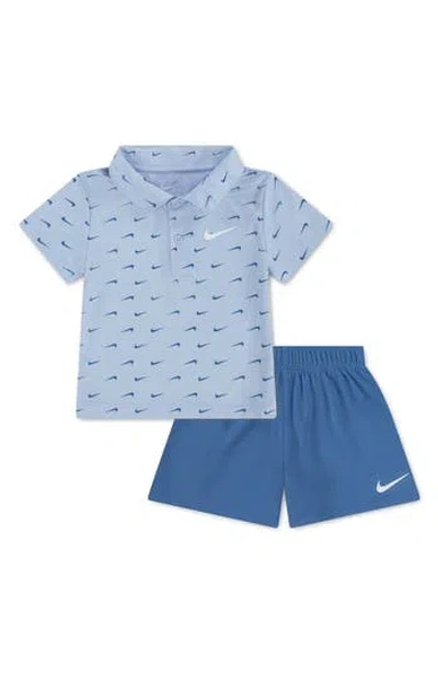 Nike Babies'  Swoosh Print Dri-fit Polo & Shorts Set In Blue