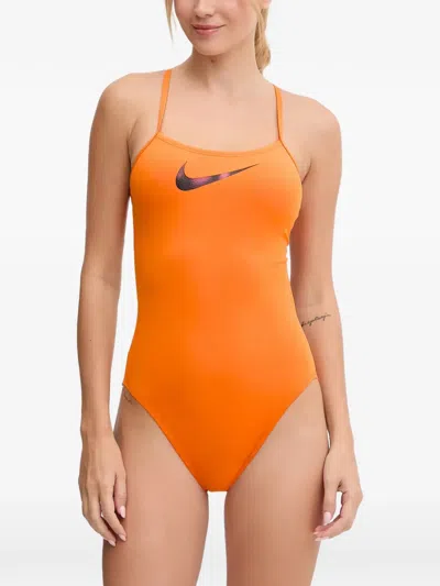 Nike Swoosh-print Crossover Swimsuit In Orange