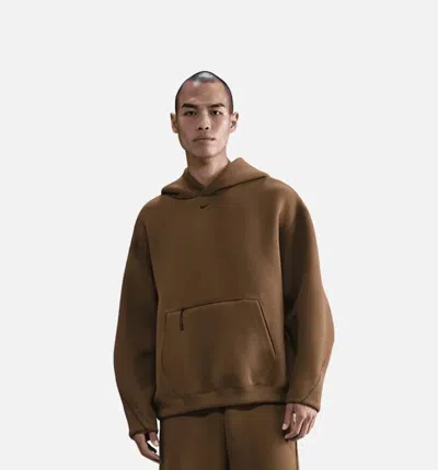 Nike Tech Hoodie Mens Brown Fleece Embroidered Swoosh Logo Oversized Fit Jax1051