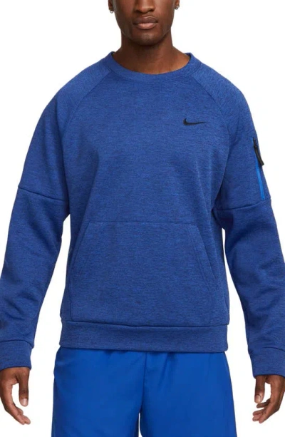Nike Therma-fit Fitness Crew Neck Life Sweatshirt In Blue/ Heather/ Black