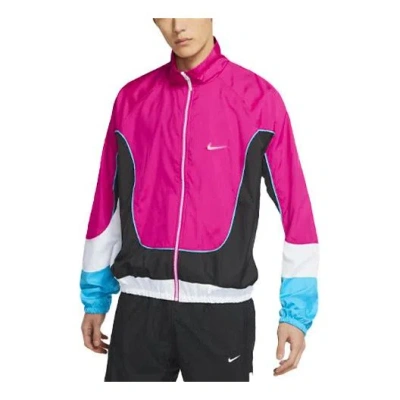 Nike Throwback Colorblock Woven Sports Basketball Stand Collar Jacket Red In Pink
