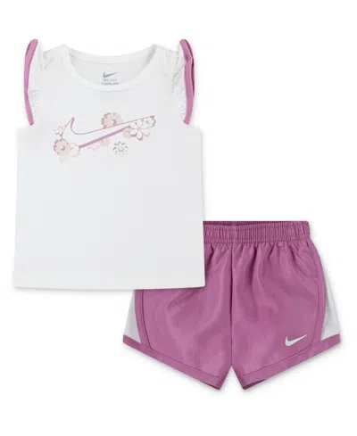 Nike Kids' Toddler & Little Girls 2-piece Ruffled-sleeve Logo Graphic T-shirt And Shorts Set In Purple
