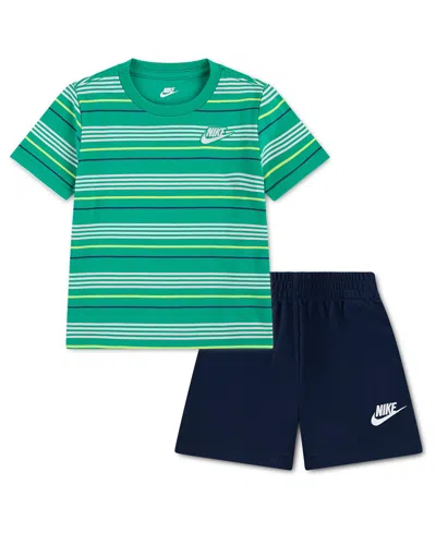 Nike Babies' Toddler Boys' 2t-4t Striped Short-sleeve T-shirt And French Terry Shorts, 2-piece Set In Green
