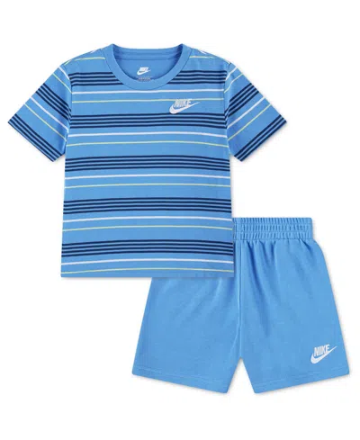 Nike Babies' Toddler Boys' 2t-4t Striped Short-sleeve T-shirt And French Terry Shorts, 2-piece Set In Blue