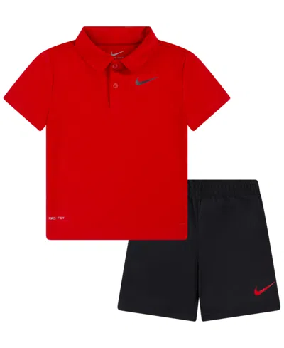 Nike Kids' Toddler Boys Dri-fit Polo T-shirt And Shorts, 2-piece Set In University Red,black