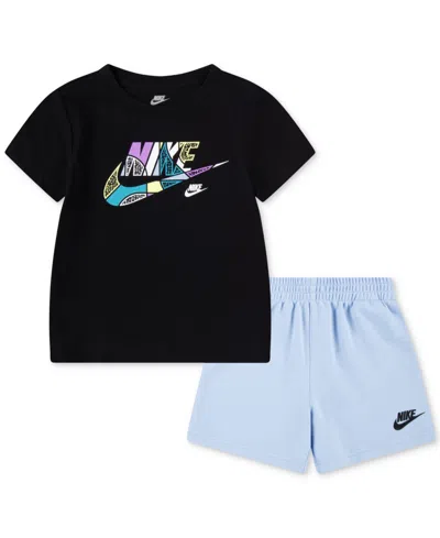 Nike Babies' Toddler Boys Logo T-shirt & French Terry Shorts Set In Psychic Blue