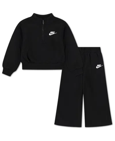 Nike Babies' Toddler Girls 2-piece Wide Leg Club Fleece Top And Pants Set In Black