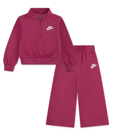 Nike Babies' Toddler Girls 2-piece Wide Leg Club Fleece Top And Pants Set In Burgundy