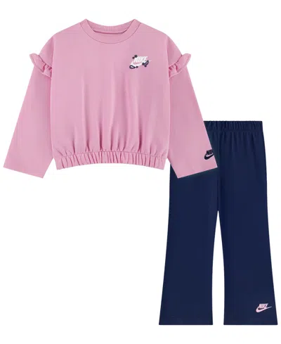 Nike Toddler Girls' 2t-4t Ruffle Top And Flared Leggings, 2-piece Set In Pink,navy
