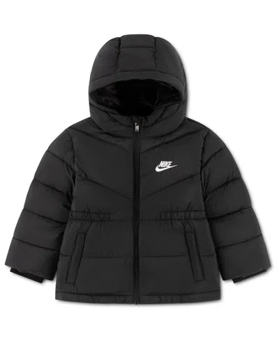 Nike Babies' Toddler Girls' 2t-5t Hooded Quilted Cinched-waist Puffer Jacket In Black