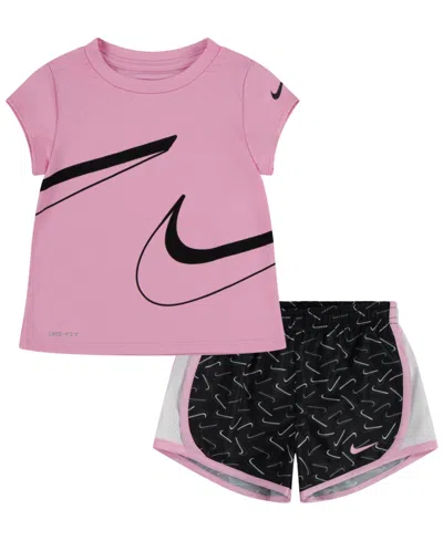 Nike Kids' Toddler Girls Dri-fit Swoosh Logo Short Sleeve Tee And Printed Shorts Set In Black