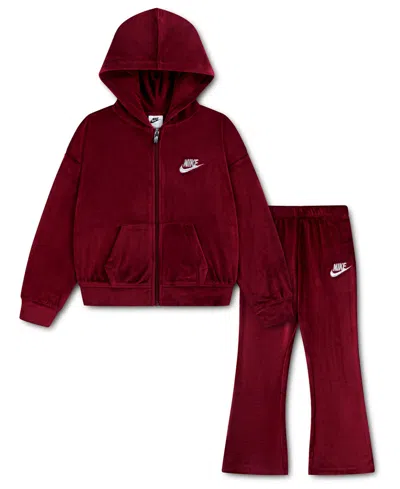Nike Kids' Toddlers & Little Girls 4t-6t 2-piece Hoodie And Velour Flared Leggings Set In Brown
