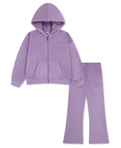 Nike Kids' Toddlers & Little Girls 4t-6t 2-piece Hoodie And Velour Flared Leggings Set In Purple