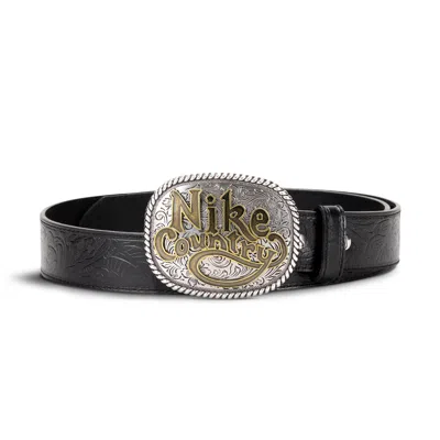 Nike Unisex Country Plaque Buckle Embossed Leather Belt In Black