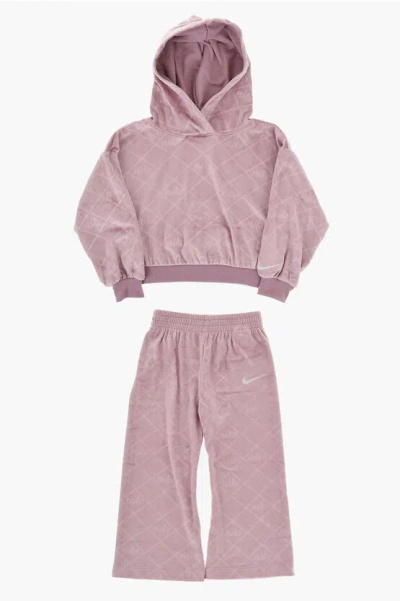 Nike Velvet Hoodie And Pants Set With All-over Logo In Pink