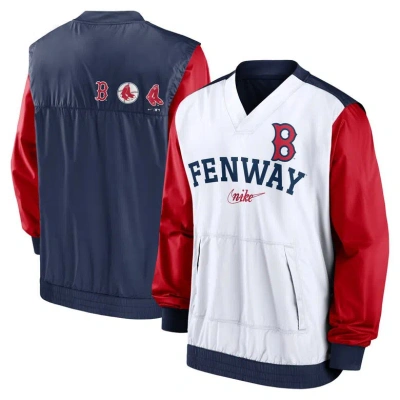 Nike Men's  White, Navy Boston Red Sox Rewind Warmup V-neck Pullover Jacket In White,navy