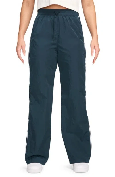 Nike Windrunner Water Repellent High Waist Woven Pants In Armory Navy/ White