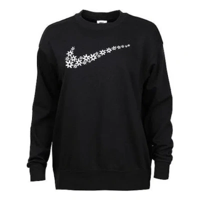Nike (wmns)  Flowers Logo Printing Round Neck Fleece Lined Long Sleeves Pullover Black Hoodie