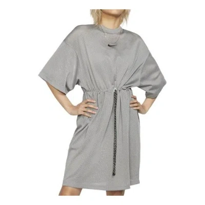 Nike (wmns)  Minimalistic Round Neck Mesh Tied Waist Dark Grey Dress In Gray