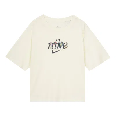 Nike (wmns)  Sportswear Casual Cozy Flowers Embroidered Sports Short Sleeve Coconut Milk T-shirt In Neutral