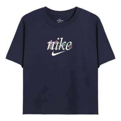 Nike (wmns)  Sportswear Flowers Embroidered Sports Short Sleeve Dark Blue T-shirt