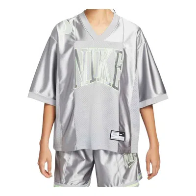 Nike (wmns)  Sportswear Street Oversized Graphic Jersey Top Asia Sizing 'smoke Grey Barely Volt' In Silver