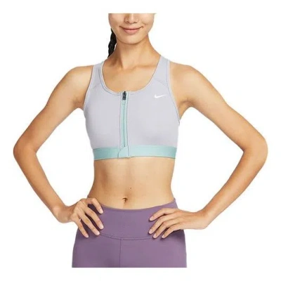 Nike (wmns)  Swoosh Medium-support Padded Zip-front Sports Bra 'blue Gray' In Purple