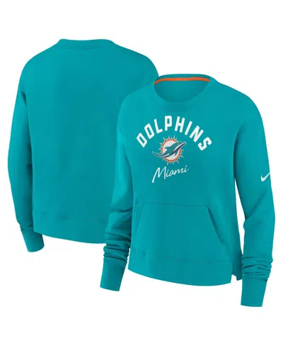 Nike Women's Aqua Miami Dolphins High Hip Fleece Pullover Sweatshirt In Aqua,orange