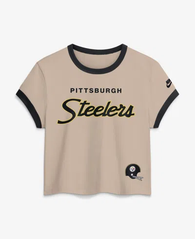 Nike Women's Beige Pittsburgh Steelers Rewind Ringer Mod Cropped T-shirt In Neutral