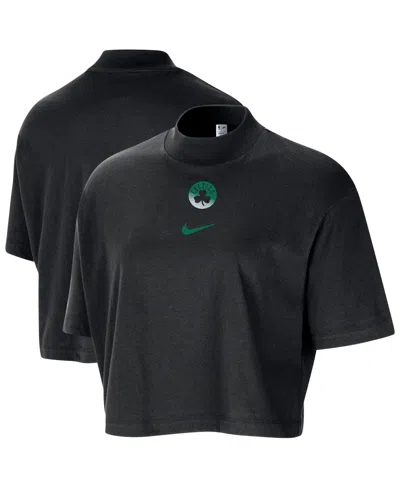 Nike Women's Black Boston Celtics Courtside Mock Neck Loose Fit Cropped T-shirt