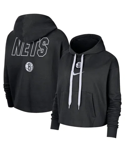 Nike Women's Black Brooklyn Nets Courtside Cropped Pullover Hoodie In Blue