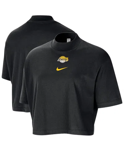 Nike Women's Black Los Angeles Lakers Courtside Mock Neck Loose Fit Cropped T-shirt