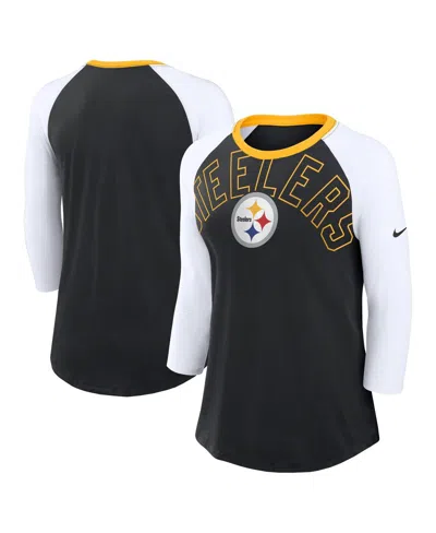 Nike Women's Black/white Pittsburgh Steelers Knockout Arch Raglan Tri-blend 3/4-sleeve T-shirt In Black,white