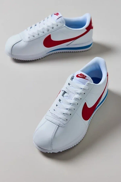 Nike Women's Cortez Leather Sneaker In White/varsity Blue/varsity Red, Women's At Urban Outfitters